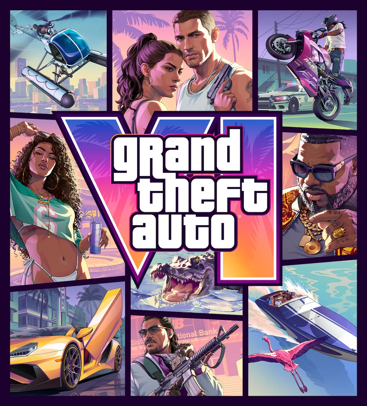 Official Grand Theft Auto VI cover art — Jason and Lucia beneath the VI logo, surrounded by Leonida scenes.