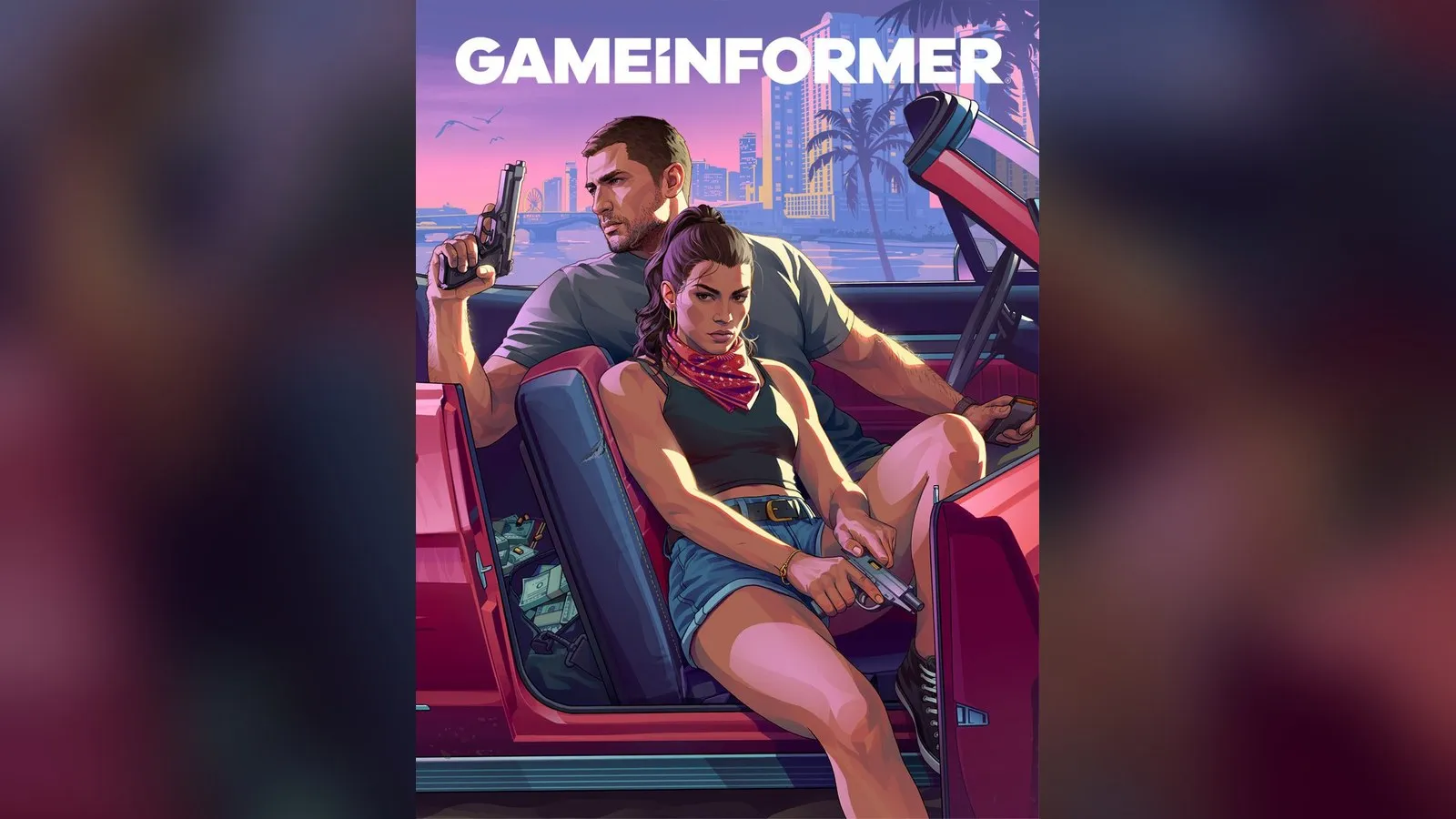 Game Informer issue 382 cover: Jason and Lucia in a red convertible in front of the Vice City skyline at sunset, Jason holding a pistol up, Lucia in a red bandana with a pistol on her lap, a bag of cash in the footwell. Original Rockstar artwork, shown on a blurred backdrop.