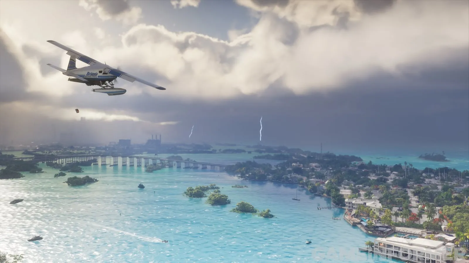 Game Informer screenshot of GTA VI: a seaplane flies over turquoise water and wooded islands off Vice City while a storm front with lightning moves in over the skyline.