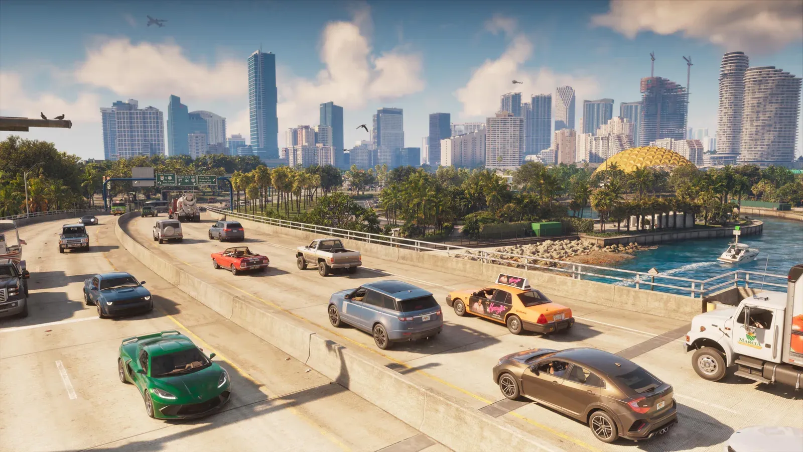 Rockstar art for GTA 6 radio: traffic on a Vice City causeway with the downtown skyline behind it