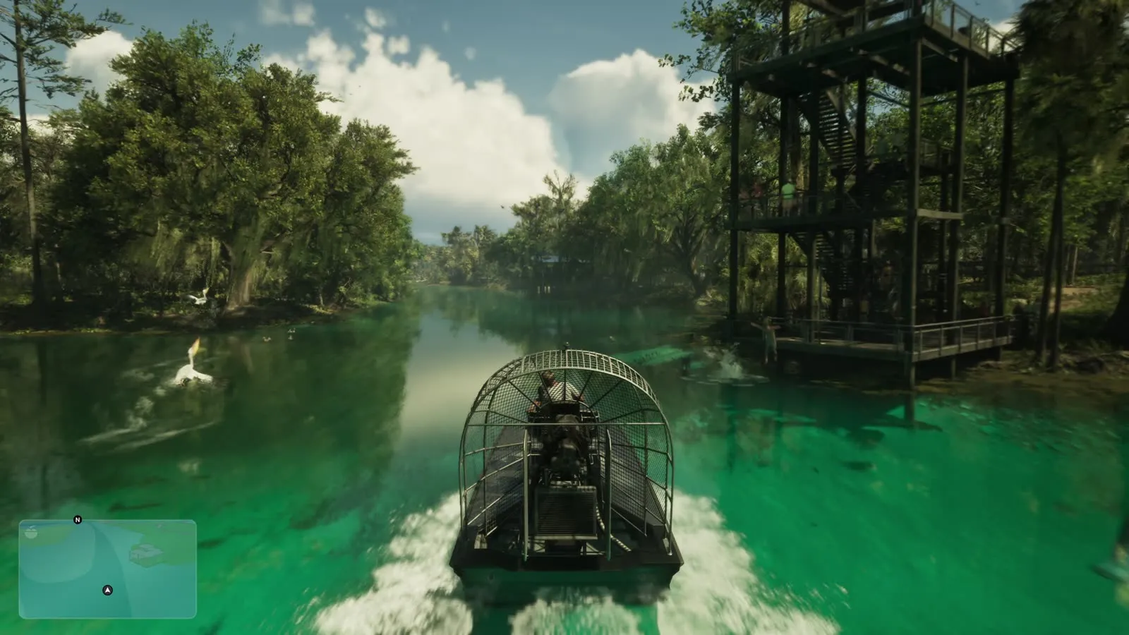 An airboat throwing spray across a Leonida swamp at speed, mangroves and open water behind it, from the GTA 6 Extended Look.