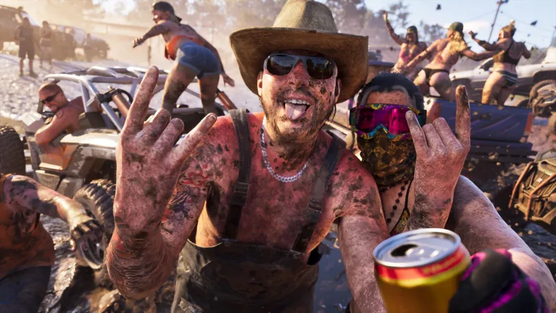 A mud-covered crowd on off-road buggies at a field party, one man mugging for the camera in a straw hat