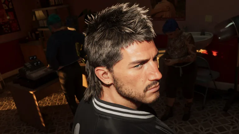 Jason inside Sara's Unisex Salon wearing a full mullet