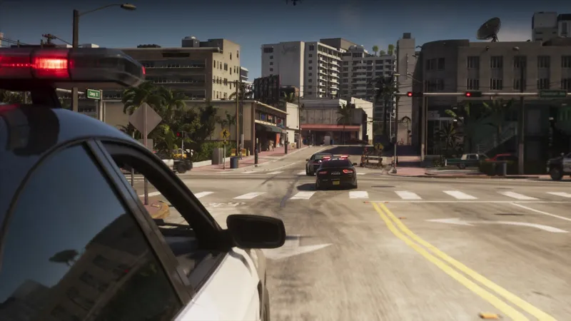 A police cruiser closing in through the streets, from the GTA 6 Extended Look
