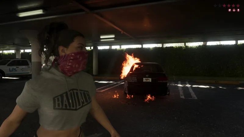 Lucia beside a burning car in a Bayside parking garage, from the GTA 6 Extended Look