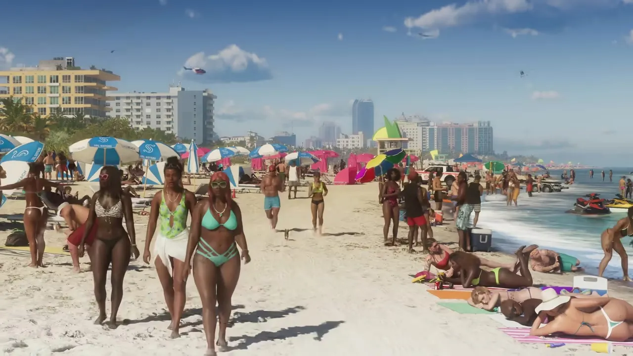 A crowded Leonida beach in the GTA 6 announcement trailer
