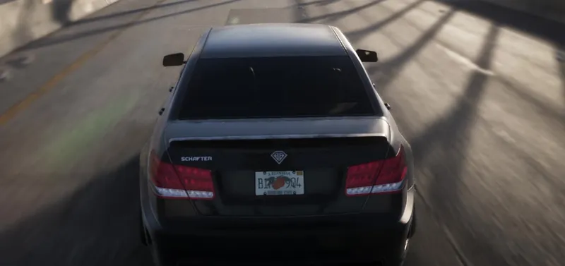 The SCHAFTER badge, Benefactor roundel and Leonida number plate on the rear of the saloon, from the GTA 6 Extended Look