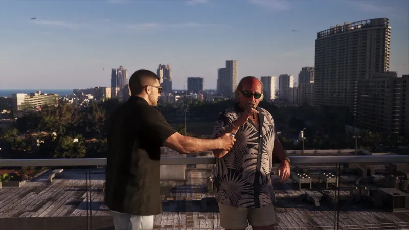 Brian Heder shaking hands with Jason on the Effluvia rooftop, from the GTA 6 Extended Look