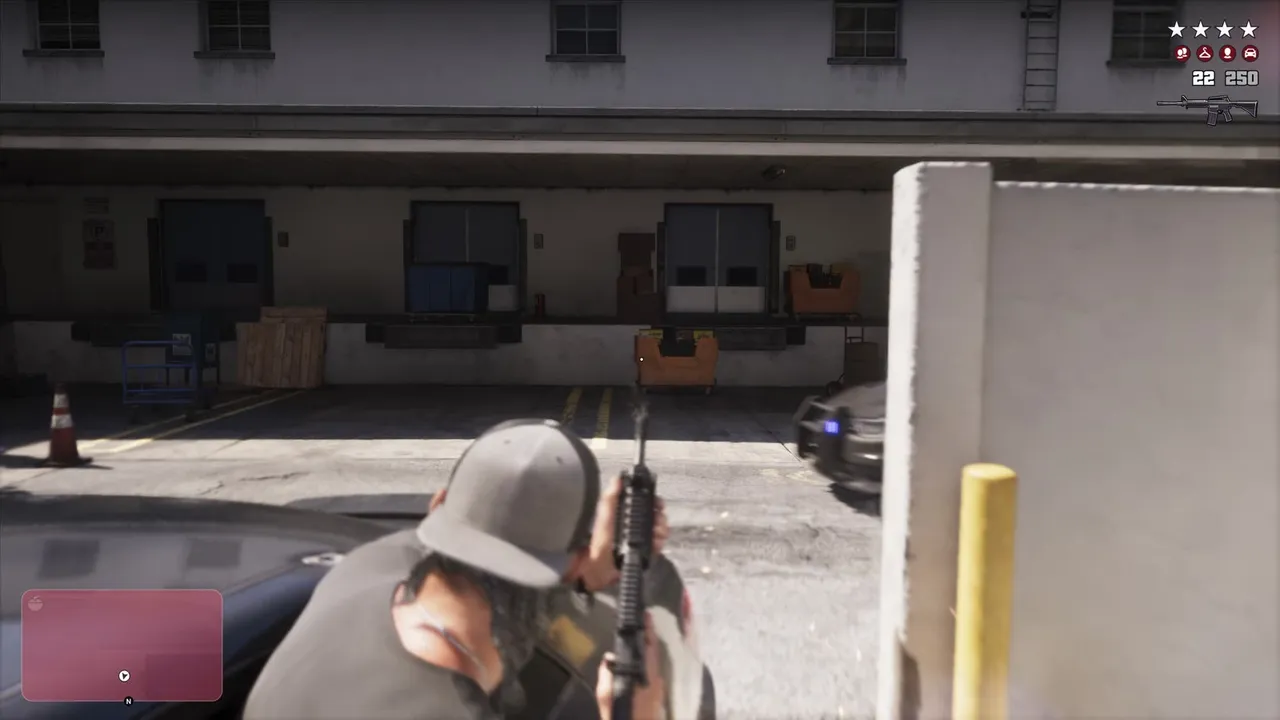 Jason holding the carbine behind cover with the wanted meter on screen