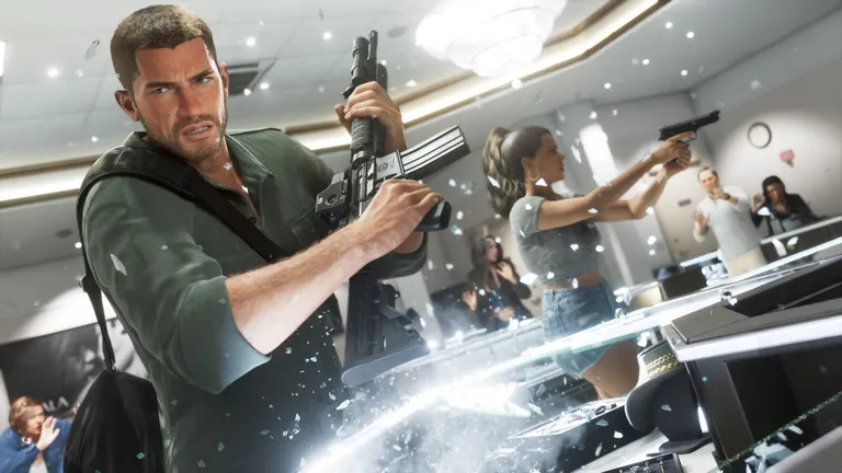 Jason with a carbine and Lucia with a pistol in a jewellery store, shattered display glass in the air