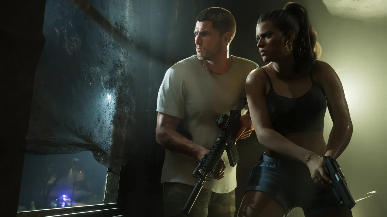 Jason with a carbine and Lucia with a pistol against a wall in a dark room, police lights outside