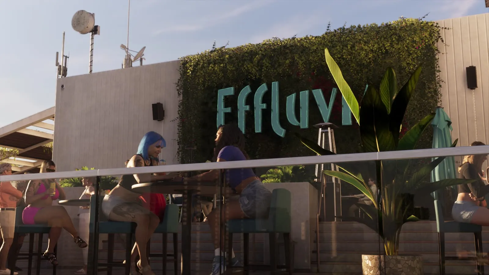The Effluvia sign on a living wall above the rooftop bar, from the GTA 6 Extended Look