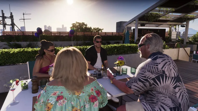 The rooftop table at Effluvia where Jason and Lucia meet Brian Heder and Lori, from the GTA 6 Extended Look