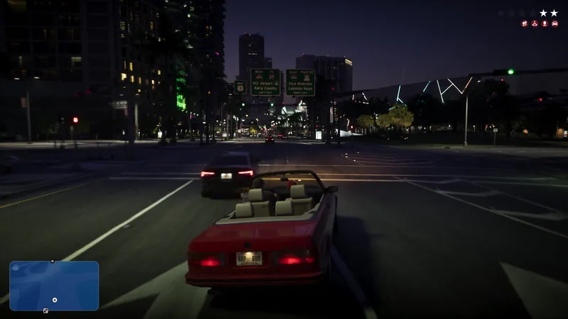 A night boulevard in Vice City with the wanted meter on screen, from the GTA 6 Extended Look