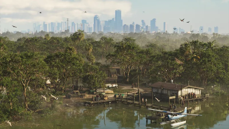 A wooden settlement on the water in the wetlands with a moored seaplane and the Vice City skyline behind