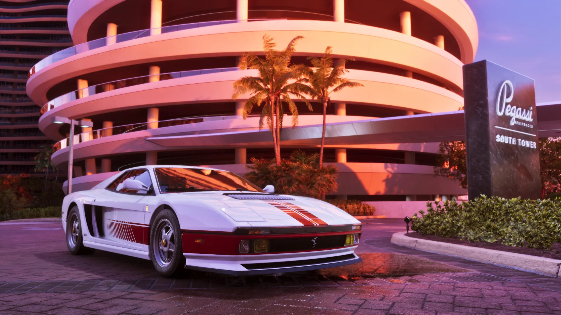 Official Rockstar screenshot of the white '95 Grotti Cheetah supercar with a red stripe parked before the Pegassi Residences South Tower at dusk, a GTA VI Ultimate Edition vehicle