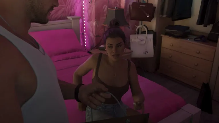 Lucia sitting on a pink bed in the shared apartment, from the GTA 6 Extended Look