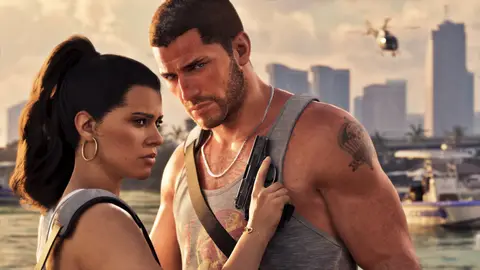 Jason and Lucia at the water's edge with a police helicopter over the Vice City skyline, Lucia holding a pistol against his shoulder
