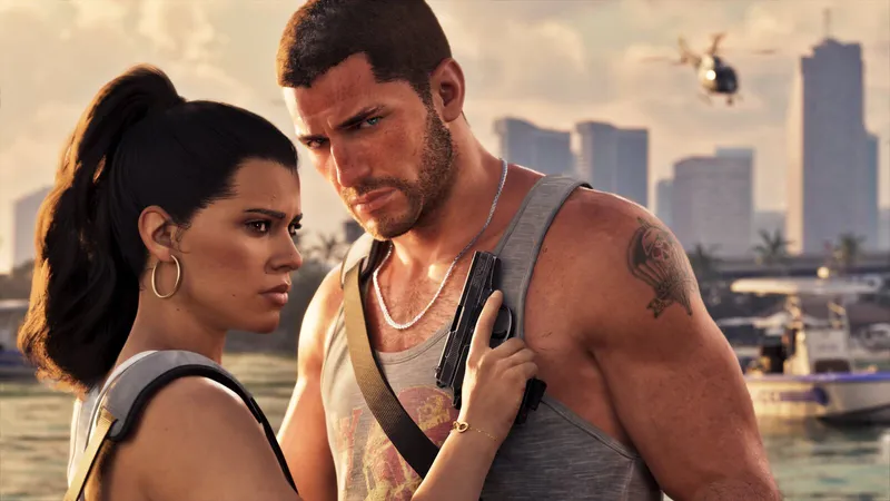 Jason and Lucia at the water's edge with a police helicopter over the Vice City skyline, Lucia holding a pistol against his shoulder