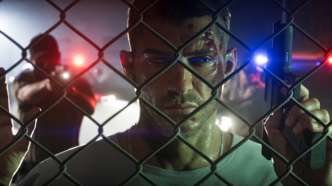 Jason behind a chain-link fence with a pistol raised, police lights and an officer taking aim behind him