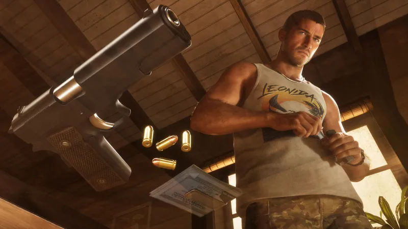 A chrome pistol and loose rounds in the foreground with Jason loading a magazine in a Keys house