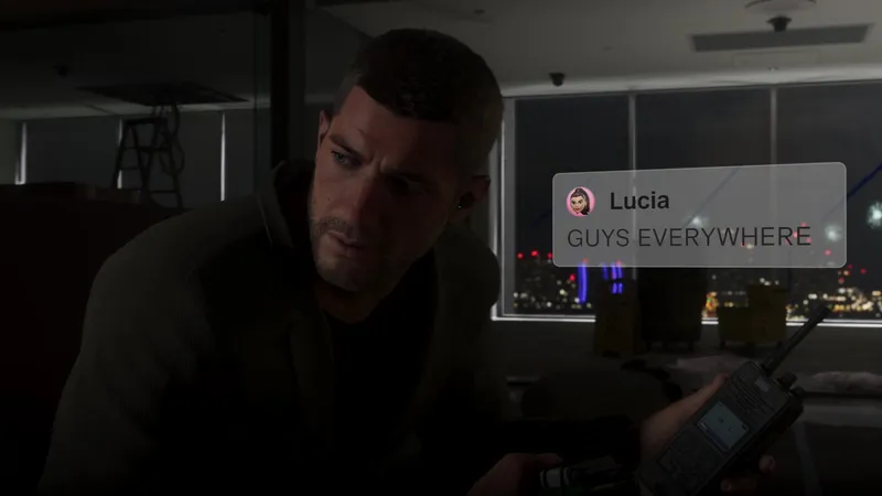Jason on the phone to Lucia mid-firefight, her message reading GUYS EVERYWHERE, from the GTA 6 Extended Look