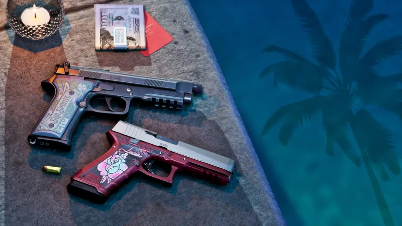 The pair of personalised pistols by a pool: the engraved Girardi ES9 marked J. DUVAL and the oxblood Klose K17 marked Lucia