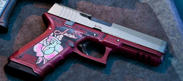 Official Rockstar render of Lucia Caminos's personalised Klose K17 pistol, deep red frame with a rose and the name Lucia painted on the grip, brushed slide marked KL1761