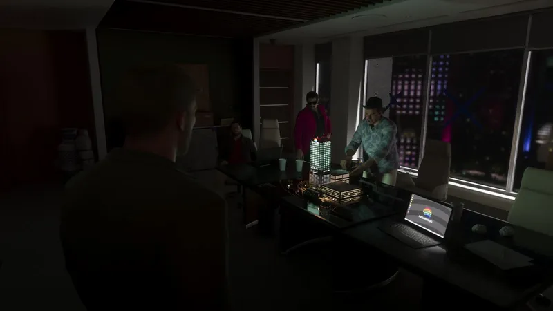 The Megamundo office with a scale model of the tower on the table, from the GTA 6 Extended Look
