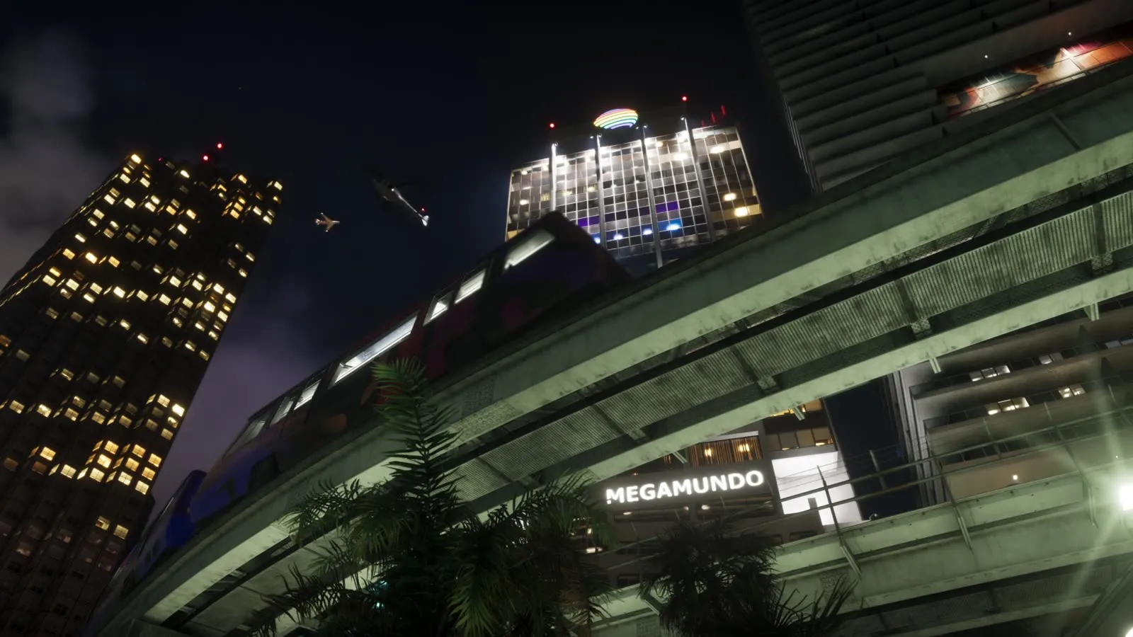 The Megamundo building lit up at night in Vice City, from the GTA 6 Extended Look