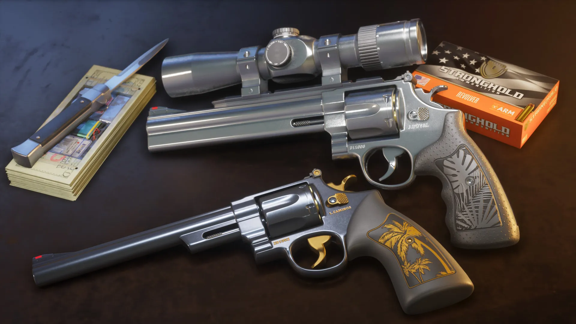 Official GTA VI Ultimate Edition render of the his-and-hers Hawk & Little Morgan revolvers, palm trees etched into the grips with J. Duval and L. Caminos engraving