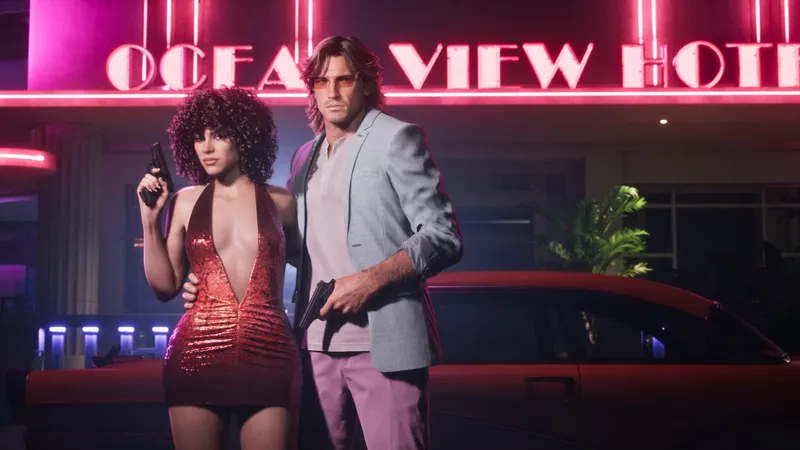 Jason and Lucia in Vintage Vice City Pack outfits under the neon Ocean View Hotel sign, a red '55 Stanier behind them