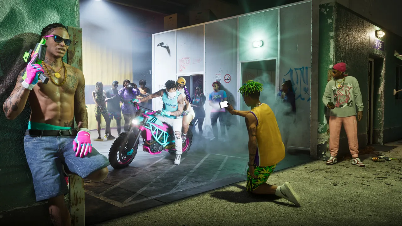 Official Rockstar render of the PTT Youngin$ illegal goods store, a neon-lit corridor with customised guns and a sport bike, a GTA VI Ultimate Edition shop