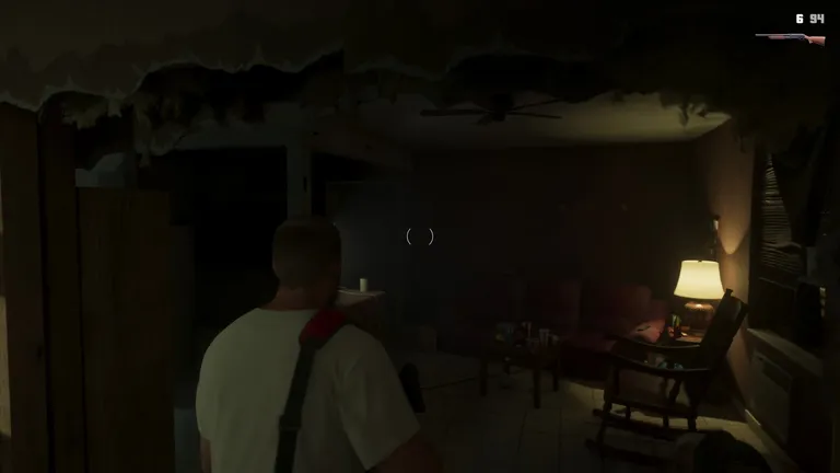 Jason moving through the trap house with the health bar and ammo counter on screen, from the GTA 6 Extended Look