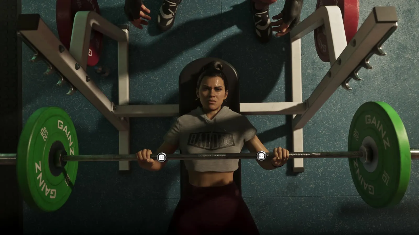 Lucia bench pressing in a gym with the lift bound to timed button prompts, from the GTA 6 Extended Look