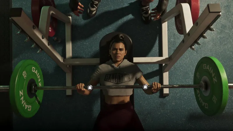Lucia bench pressing in a Bayside gym, from the GTA 6 Extended Look