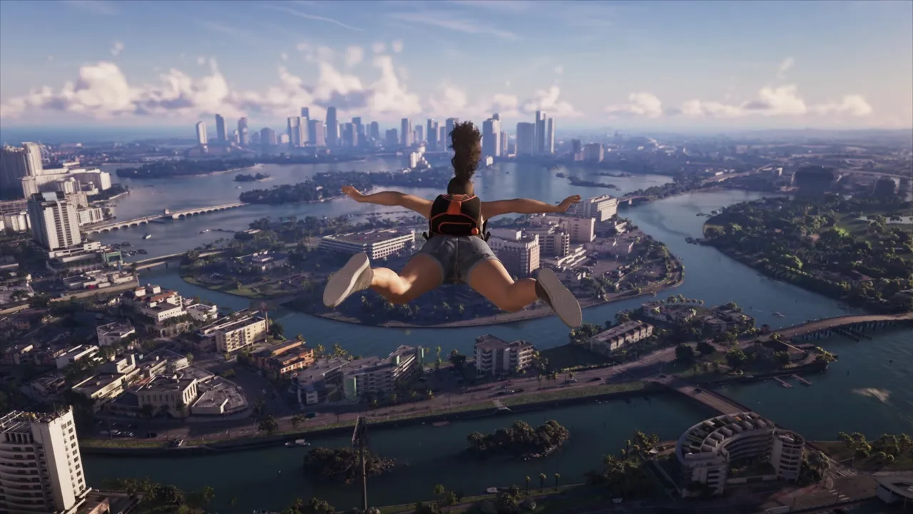 A base jump in free fall above the Vice City islands and skyline, from the GTA 6 Extended Look
