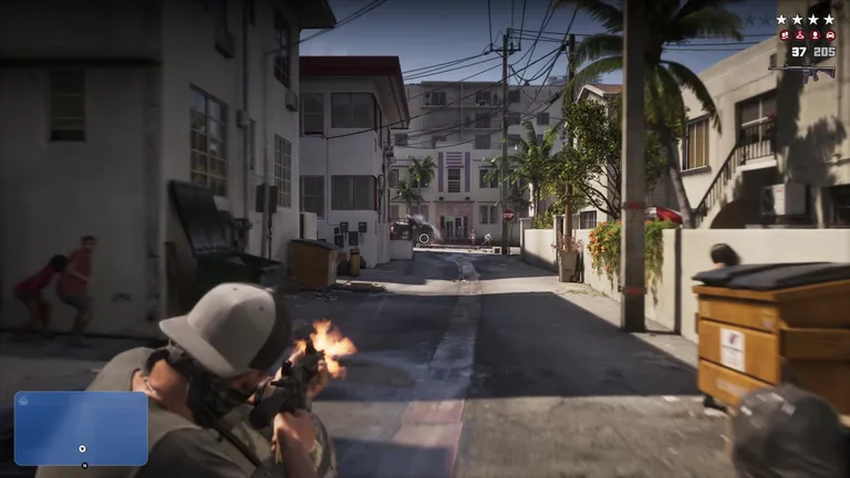 A street shootout with the wanted meter and the four recognition icons on screen, from the GTA 6 Extended Look