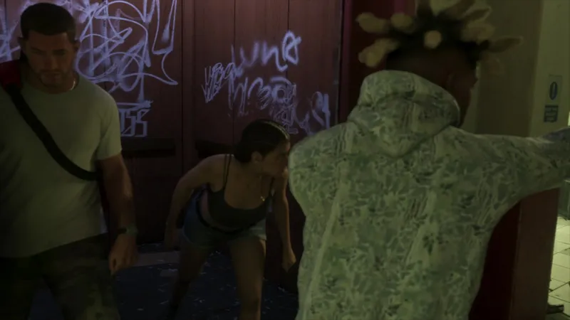 Jason and Lucia getting out past the graffiti wall, from the GTA 6 Extended Look