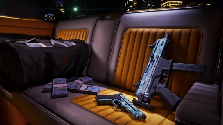 Official Vintage Vice City Pack render of the tropical weapon pattern - teal palm-tree camo on a pistol and an SMG resting on a car seat
