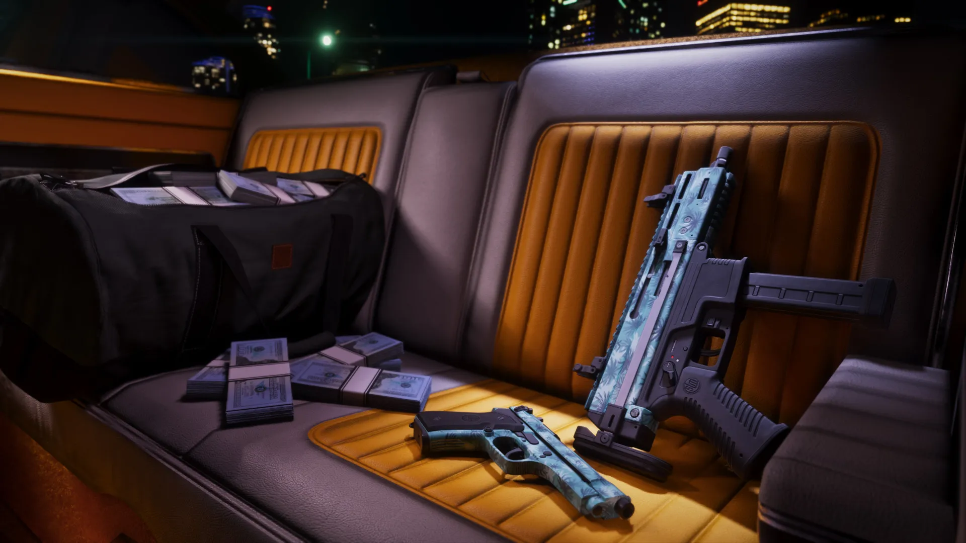 Official Vintage Vice City Pack render of the tropical weapon pattern - teal palm-tree camo on a pistol and an SMG resting on a car seat