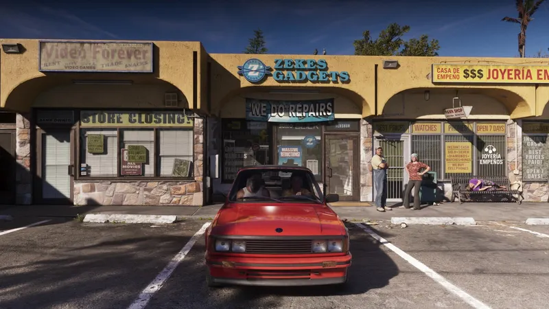 The red Sentinel convertible parked outside the Bayside storefronts, from the GTA 6 Extended Look