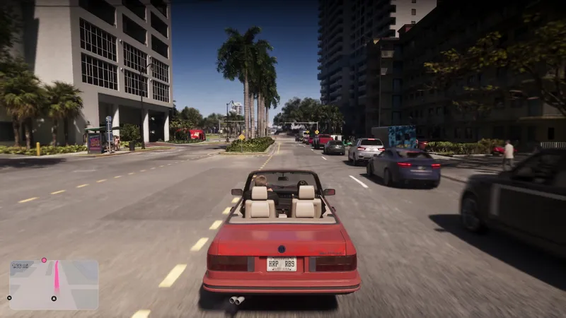 A red convertible on a palm-lined Vice City avenue, from the GTA 6 Extended Look