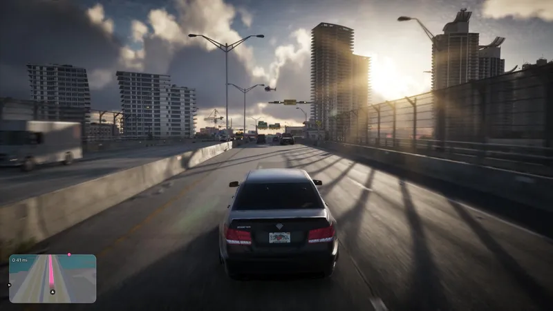 Driving a Vice City expressway into a low sun, from the GTA 6 Extended Look