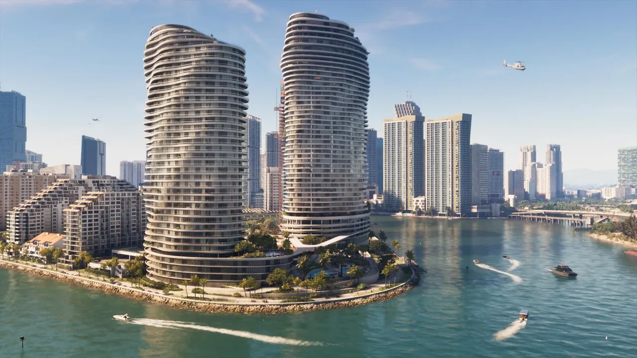Two curved waterfront towers on a Vice City spit, boats crossing the bay and a helicopter overhead