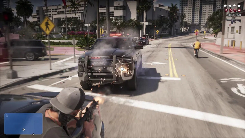 Firing on a police pickup with the wanted meter and a 36 of 268 ammo count on screen, from the GTA 6 Extended Look